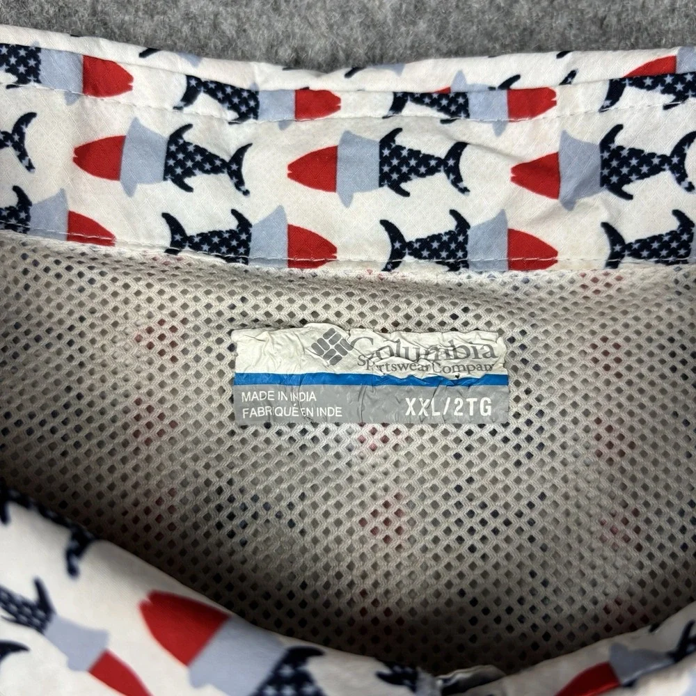 Columbia PFG Fishing Shirt Mens 2XL Red White Blue‎ All Over Print Fish Outdoors